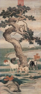  tinte - Lang glänzt acht Pferde unter Baum alte China Tinte Giuseppe Castiglione